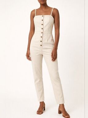 Superdry Denim Jumpsuit - Button Front High Waist Straight Leg Stretch  Cream 6